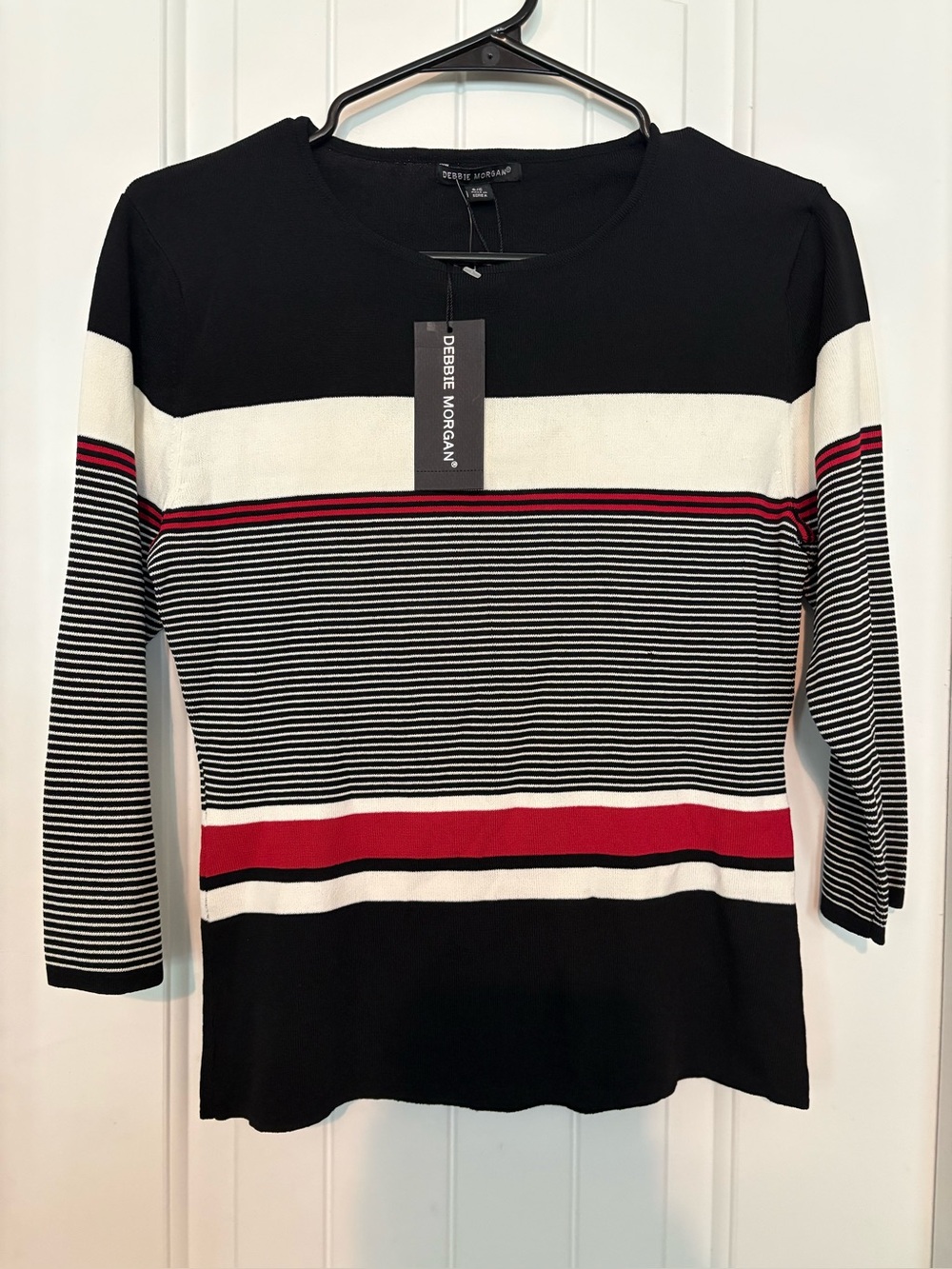 Debbie Morgan Black, White & Red Striped Long Sleeve Knit Top